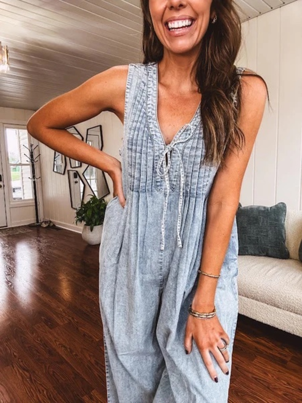 Boutique Washed Light Blue Sleeveless Jumpsuit Breathable Casual Fit